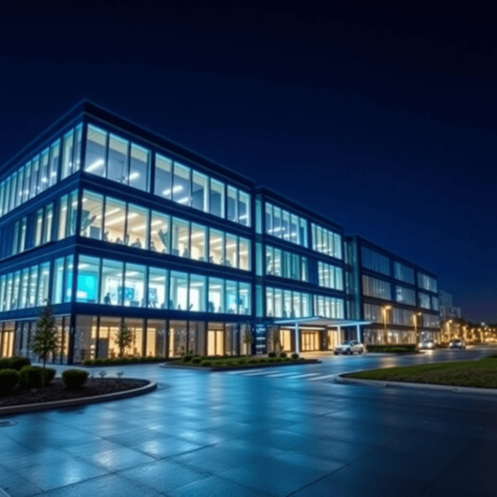 Edificio corporativo moderno de noche